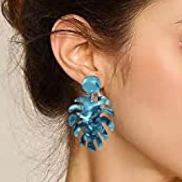 Palm Leaf Blue Acrylic Drop Style Earrings - Picture 2 of 2